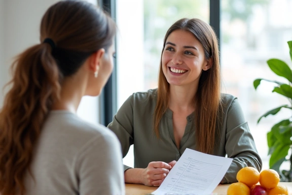 Image illustrating a nutritionist in a consultation with a client, showing a healthy meal plan on a table.