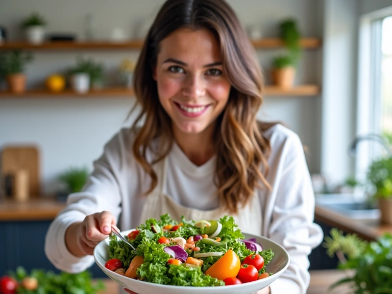 A person enjoying a colorful and healthy salad in a bright, modern kitchen, smiling contentedly. No text.