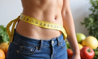 Measuring tape around a healthy waist, with fresh fruits and vegetables in the background, symbolizing successful weight management. No text.