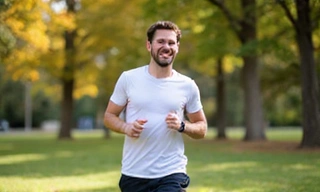 Person feeling energetic and active, running outdoors with a bright smile. No text.