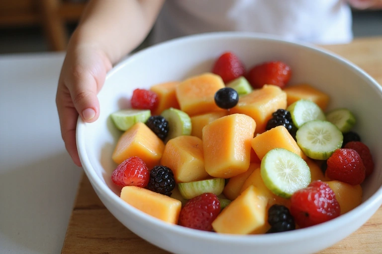 A child's hand reaching for a colorful bowl of cut fruits and vegetables, with a blurred background of a family kitchen.