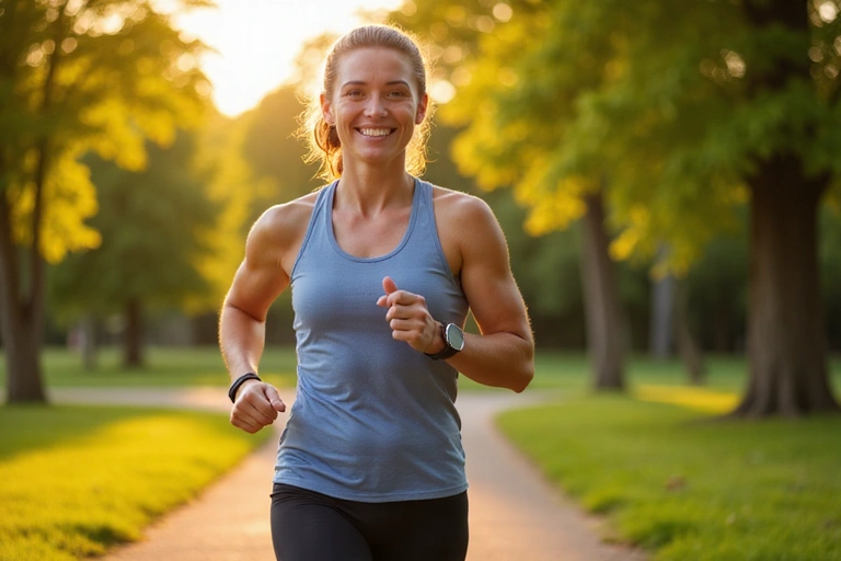 A happy, energetic person jogging outdoors in a park, smiling and looking fit and healthy.