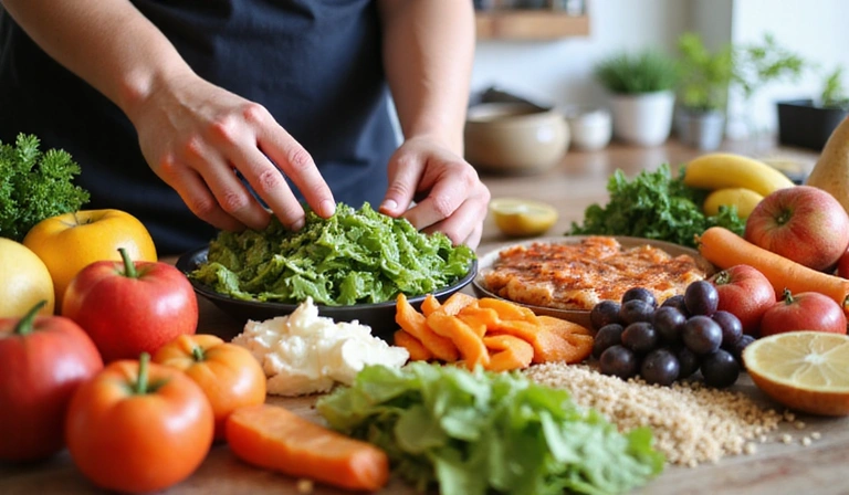 A person looking at a healthy meal plan with fruits, vegetables, and whole grains laid out on a table, symbolizing personalized nutrition and healthy eating.