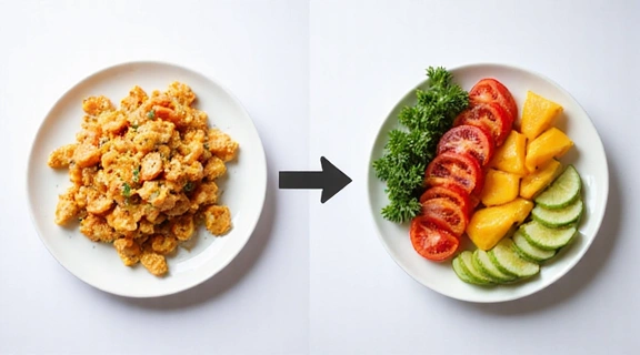 Image symbolizing a journey from unhealthy eating to a balanced diet, with before-and-after food choices depicted.